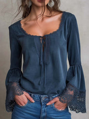 Vintage Lace-trimmed Polyester Suede Blouse