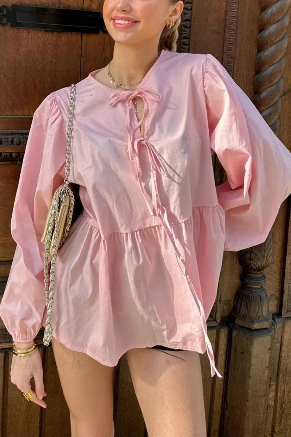 Striped Loose Fit Lace-Up Round Neck Blouse