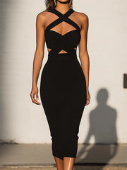 Chic Criss Cross Detail Halter Midi Dress