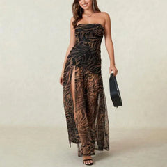 Strapless Pleated Fitted Dress with Slit