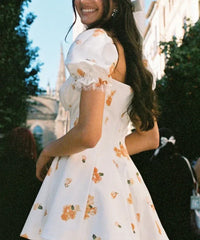 Square Neck Puff Sleeve Lace Trim Floral Print Mini Dress