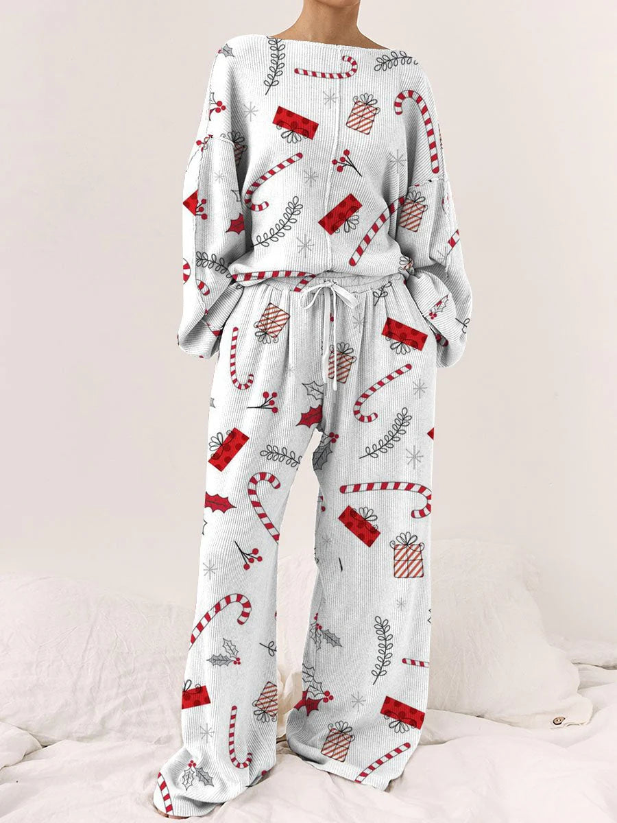 Women's Christmas Candy Cane Gift Box Pattern Long Sleeve Long Pants Round Neck Suit