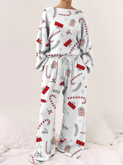 Women's Christmas Candy Cane Gift Box Pattern Long Sleeve Long Pants Round Neck Suit