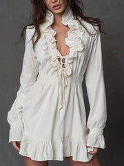 Romantic Ruffled Lace-Up Mini Dress