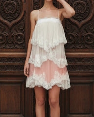 Ivory Blush Lace Tiered Criss-Cross Back Mini Dress
