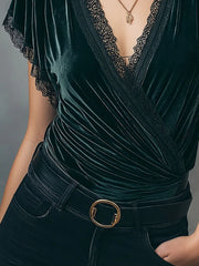 Vintage V-Neck Velvet Wrap Blouse With Lace Trim