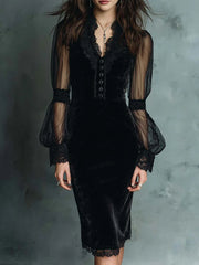 Vintage Lace Trim Sheer Sleeves Polyester Velvet Midi Dress
