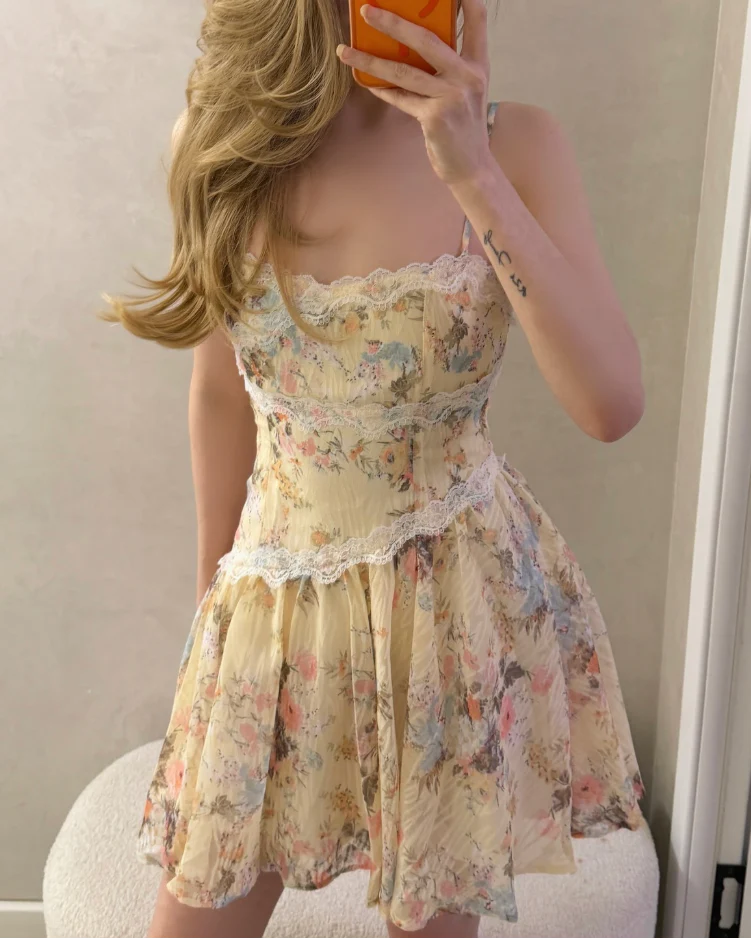 Butter Yellow Floral Corset Lace Trim Mini Dress