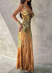 Printed V Neck Cami Slim Bodycon Maxi Dress