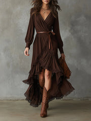 Bohemian Cotton-blend Lace Multi-layer Ruffle High-low Hem Maxi Dress