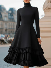 High-Neck A-Line Tiered Ruffle Midi Dress