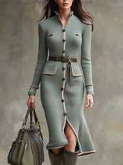 Vintage Pocket Contrast Trim Knit Midi Dress