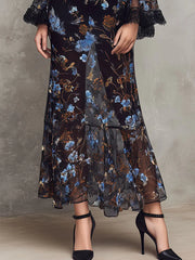 Black Floral Sheer Maxi Dress ¨C Lace-Trimmed Bell Sleeves & High Neck