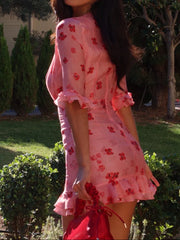 Pink Base Red Floral Deep V-Neck Ruffled Mini Dress