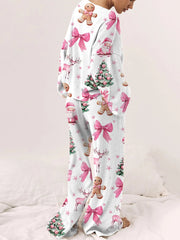 Women's Pink Christmas Print Long Sleeve Lounge Set