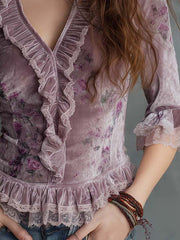 Vintage Floral Velvet Ruffle Top
