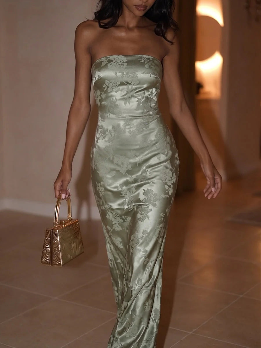 Strapless Floral Jacquard Satin Column Maxi Dress