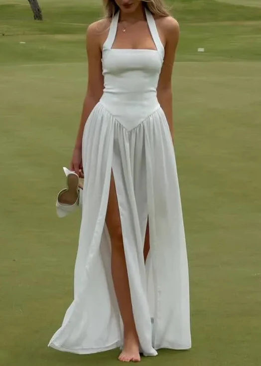 White Halter Fitted Waist Double High Slit Vacation Maxi Dress