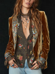 Vintage Lapel Velvet Floral Print Patchwork Blazer