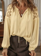 Women's Retro Casual Early Spring V-neck Lace Splicing Long Sleeve Shirt
