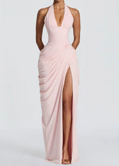 Deep V Halter Neck Draped Slit Maxi Gown