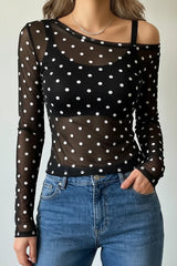 Polka Dot Cold Shoulder Long Sleeve Top