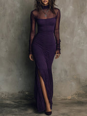 Elegant Mesh Spliced washed Cotton Hem Slit Maxi Dress