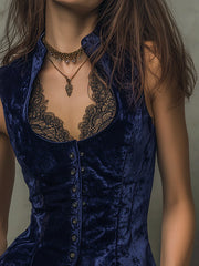 Gothic Style Dark Blue Velvet Lace Patchwork Vest