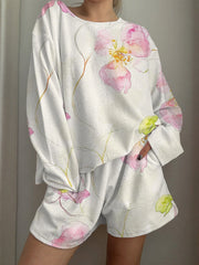 Watercolor Floral Printed Long-Sleeved Shorts Loungewear Set