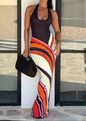 Elegant Oil Painting Printed Figure Flattering Holiday Maxi Dress