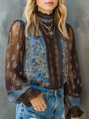 Vintage Boho Floral High Neck Sheer Lace Blouse With Puff Sleeve