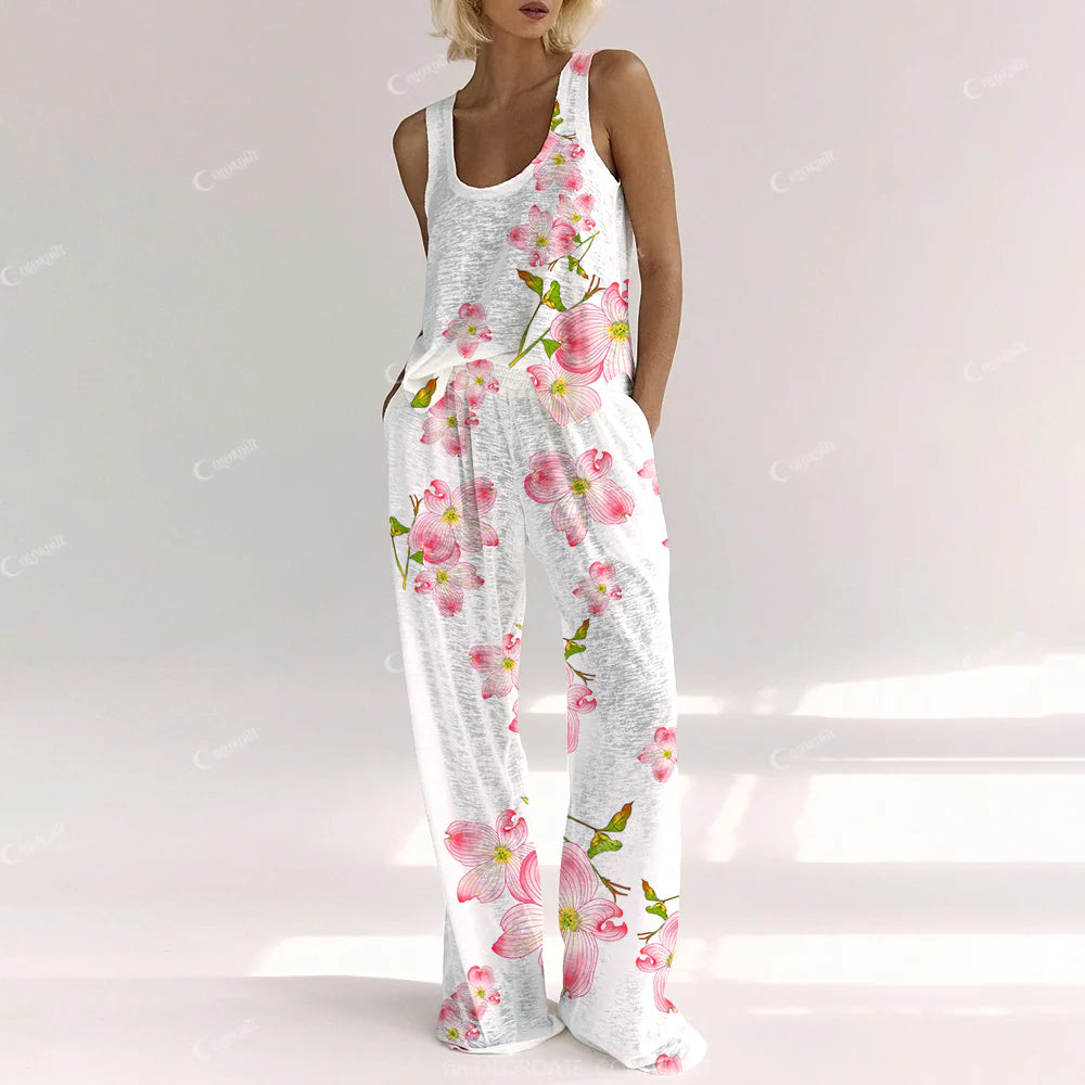 Colordate Women's Watercolor Flower Pink Floral Print Cotton Vest and Pants Set