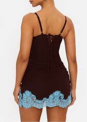Contrast Lace Trim Ruched Bodycon Mini Dress