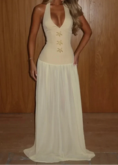 Light Yellow Halter Starfish Accent Waist-Cinched Chiffon Maxi Dress
