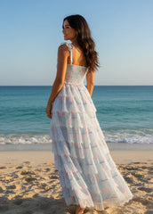 Blue Pink Floral Tulle Lace Trim Tiered Corset Maxi Dress