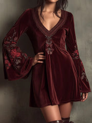 Boho Bell-Sleeve Burgundy Velvet Embroidered Mini Dress