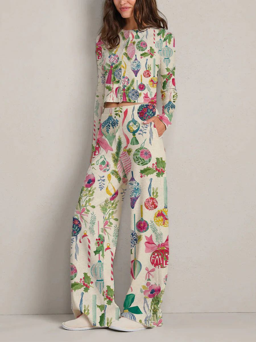 Colordate Women's Christmas Ornaments Print Long Sleeve Suit
