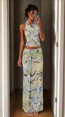 Pastel Abstract Swirl Halter Top And Twist Waist Skirt Set