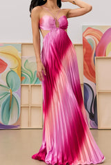 Spaghetti Strap Cutout Gradient Pleated Satin Maxi Dress
