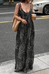 Leopard Print V Neck Backless Cami Vacation Maxi Dress