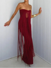 Burgundy Strapless Fringe Cut-Out Maxi Evening Gown