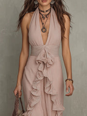 Quiet Romance Ruffle Bare Rose Halter Flow Maxi Dress
