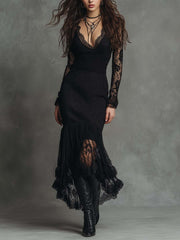 Black Lace-Panel Pleated Hem Maxi Dress