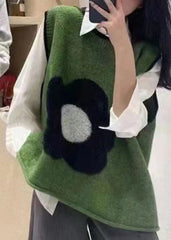 Pink O Neck Green Patchwork Knit Vest Sleeveless