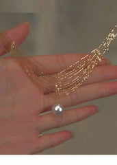 Elegant Gold Pearl Lace Tassel Pendant Necklace