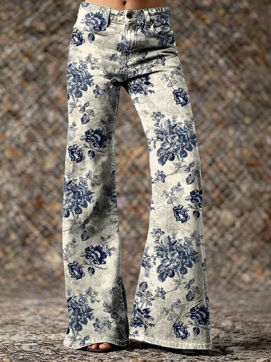 Women's Vintage Ethnic Blue White Rose Hippie Art Prints Casual Slim Denim Flared Pants