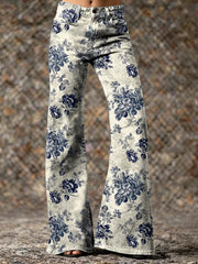 Women's Vintage Ethnic Blue White Rose Hippie Art Prints Casual Slim Denim Flared Pants