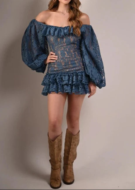 Off-Shoulder Lace Balloon Sleeve Ruffle Mini Dress