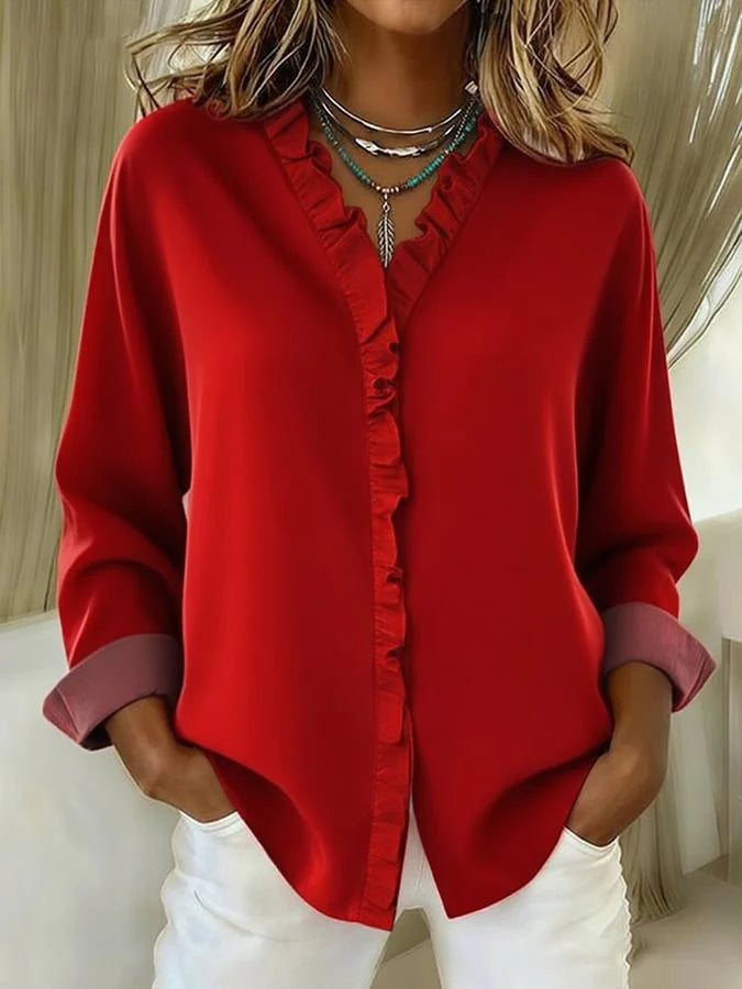 Women's Casual Cotton And Linen Ruffle Shirt
