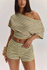 Striped Off Shoulder High Waist Two Piece Set